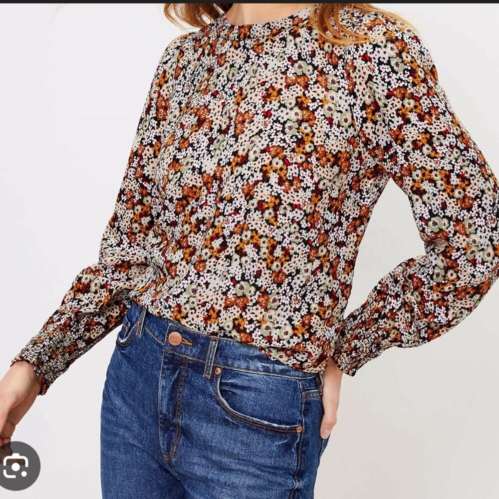 AnnTaylor LOFT Puffed Shoulder Floral Smocked Cuff Blouse Top Small